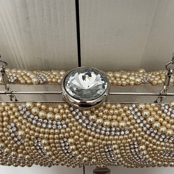 Pearl-Embellished Evening Clutch with Crystal Accent - Ivory/Champagne - Picture 2 of 5